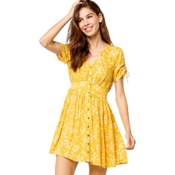 Billabong Dress Women Size XS Yellow Floral Button Down Shirt Beach Surfer Twist - Picture 1 of 11